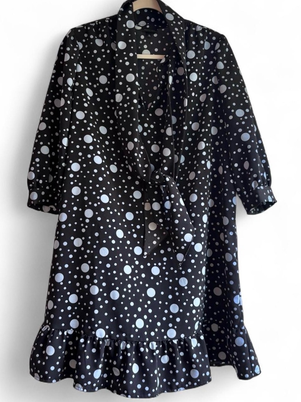 EUC Black Polka Dot Tie-Neck Dress with Ruffle Hem